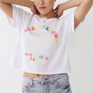 True Religion Womens S Small Cropped Shirt - Nice Day Cuffed Rainbow Rocker Tee